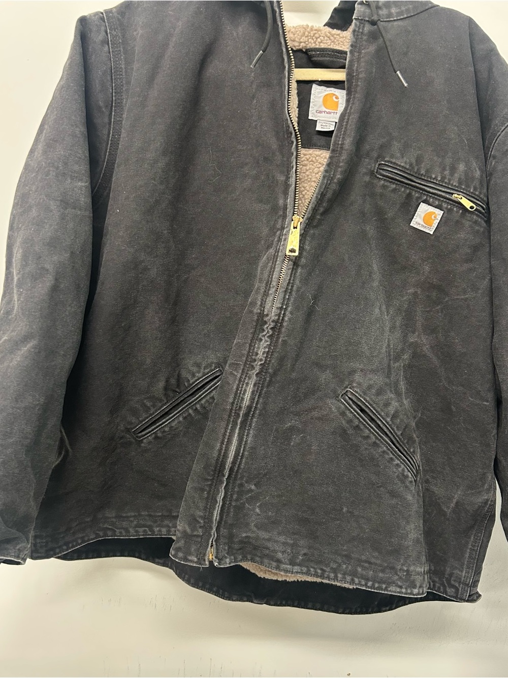 Carhartt Men’s Charcoal Hooded Duck Jacket with Sherpa Lining